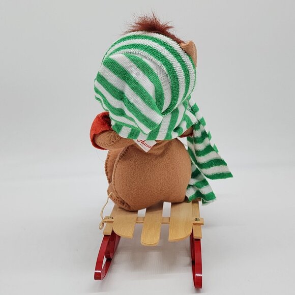 1988 Annalee Bear on Wood Sled 10" Tall Green White Scarf Christmas Decor VTG - Picture 4 of 8